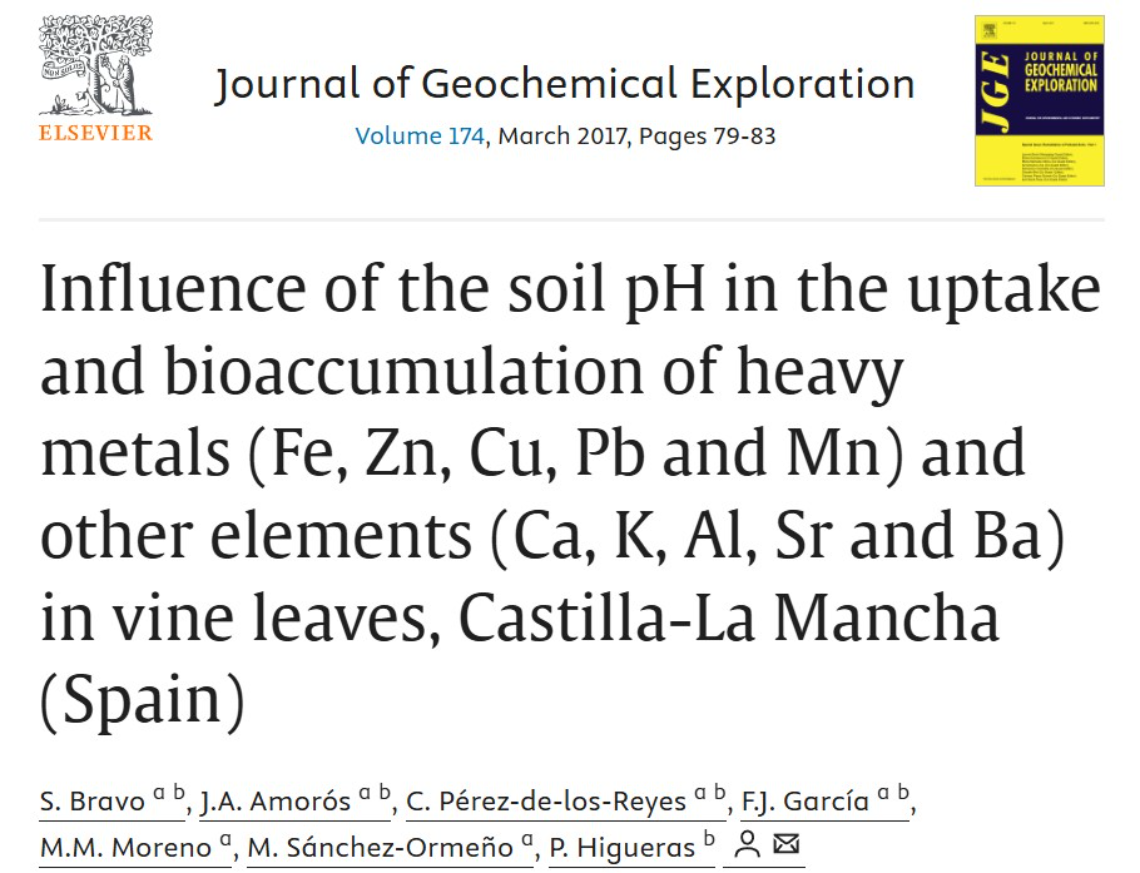 Influencia del pH del suelo en la absorción y bioacumulación de metales pesados (Fe, Zn, Cu, Pb y Mn) y otros elementos (Ca, K, Al, Sr y Ba) en hojas de vid, Castilla-La Mancha (España)